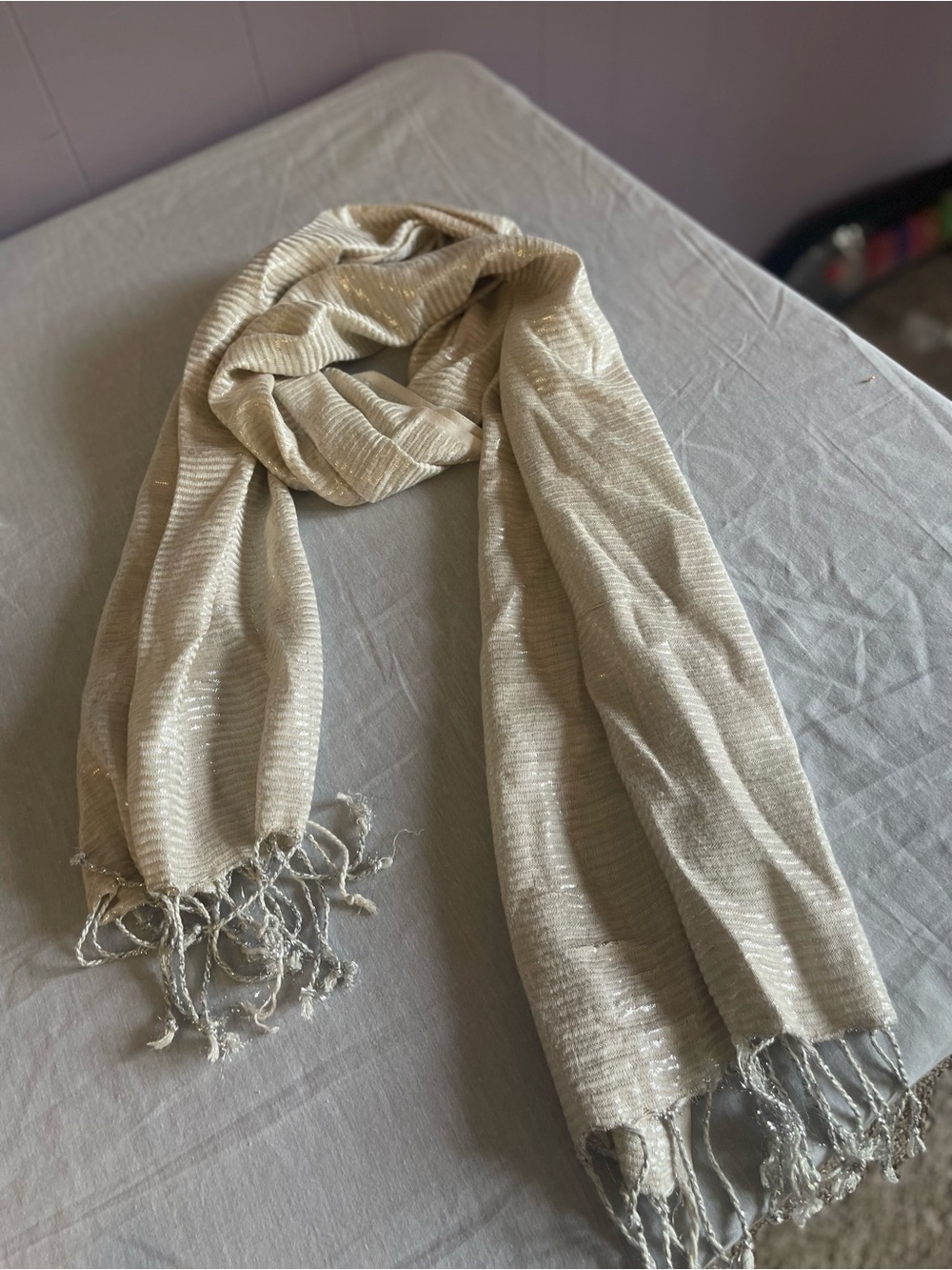 Light Cream Metallic Fringe Scarf Wrap